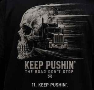 Road Raised Keep Pushin tee back print on black shirt